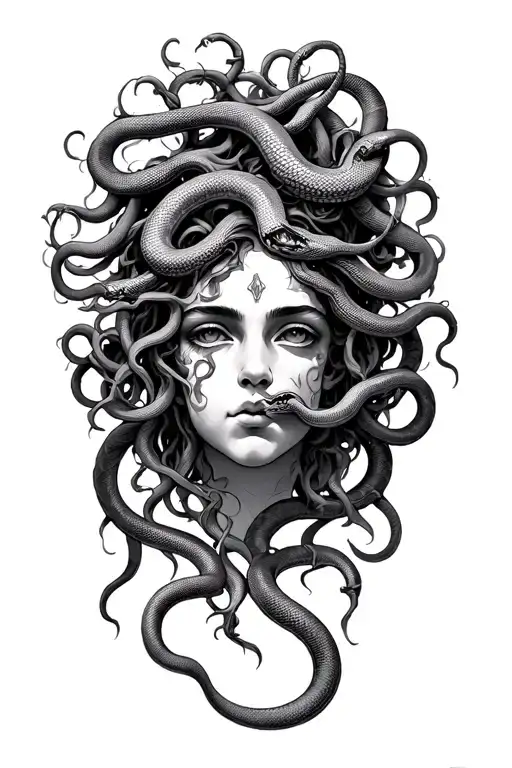 Medusa head with snakes as hair and individual snake heads tattoo design idea