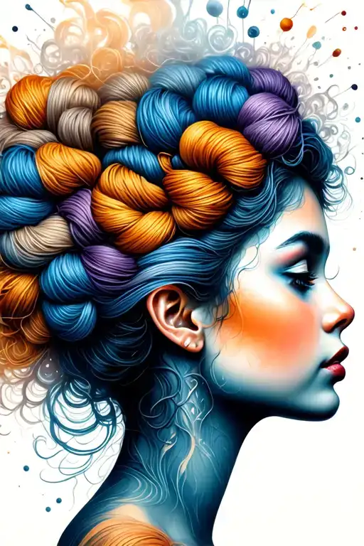 side profile female face with large weaves of yarn exploding from top it tattoo design idea