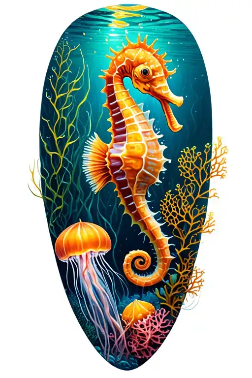 undersea coral reef scene with vibrant coral, tall swaying kelp, a delicate seahorse, and two jellyfish tattoo design idea
