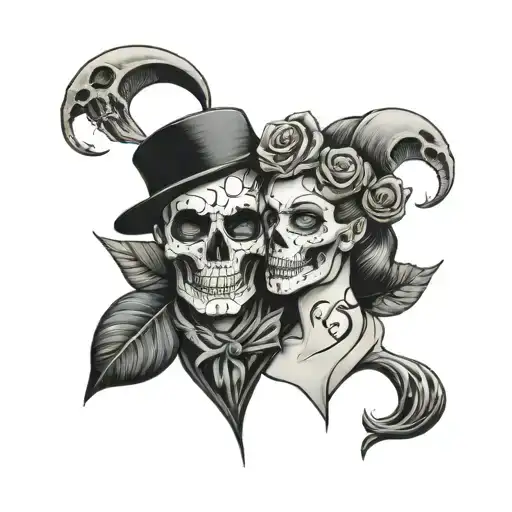 skull and lady face morphing tattoo design idea