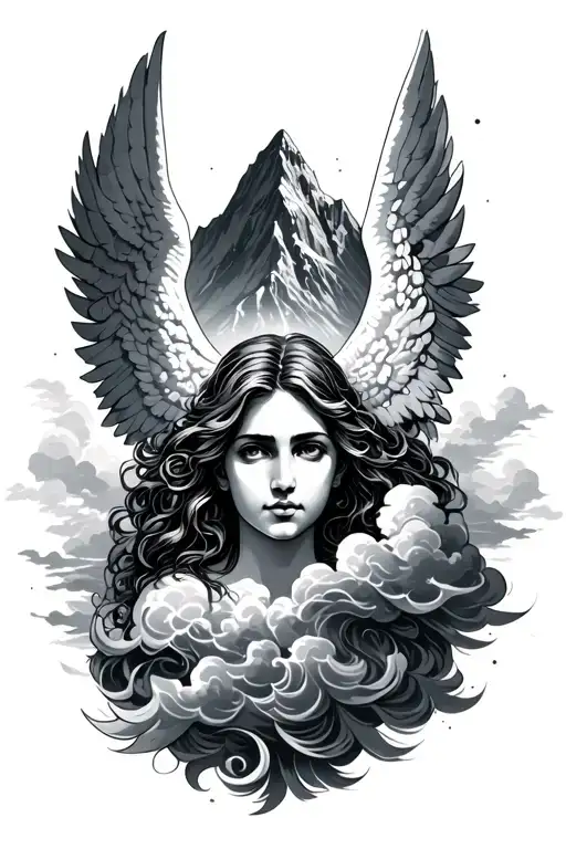 angel, mountain, clouds, face surrounded tattoo design idea
