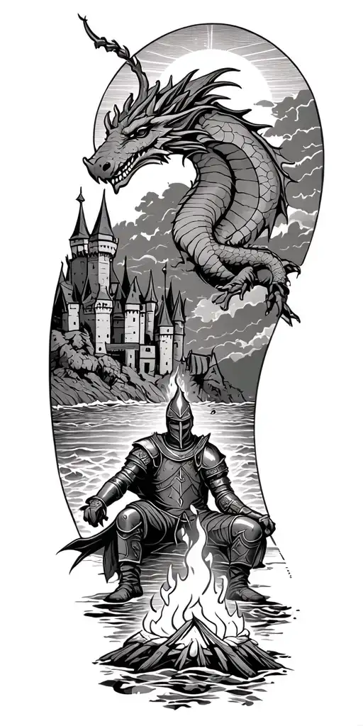 Medieval knight sitting by camp fire by the ocean with dragon and castle in the back with sun in sky tattoo design idea