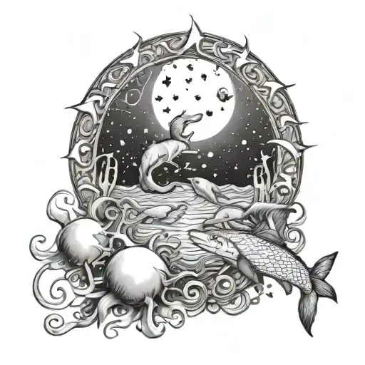 A mystical underwater scene featuring animals from the ocean surrounded by sun, moon, and stars in black and grey tones tattoo design idea