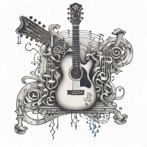 A detailed tattoo of a trading candlestick chart intertwined with musical elements like guitars and notes tattoo design idea