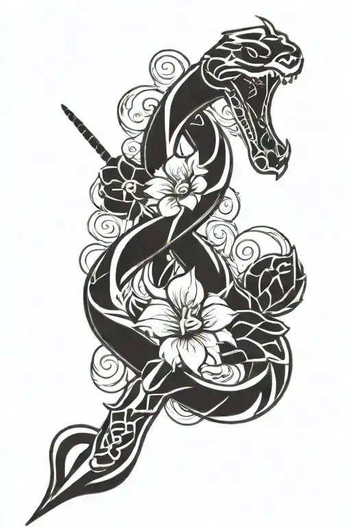 snake with sword and flowers tattoo design idea