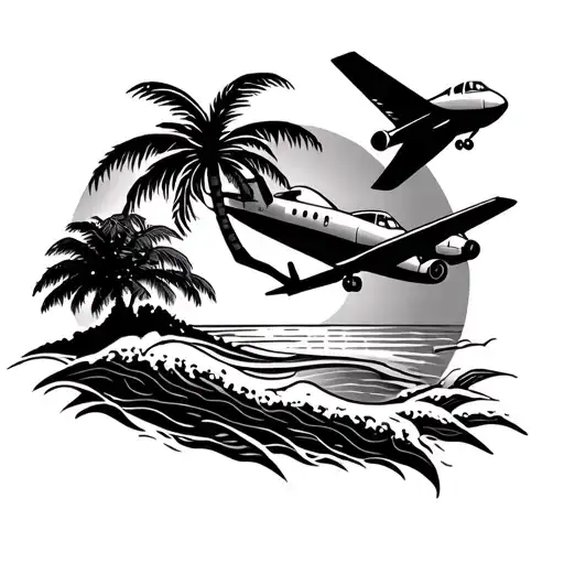 sun beach waves Pam tree airplane flying over with a heart incorporated  tattoo design idea