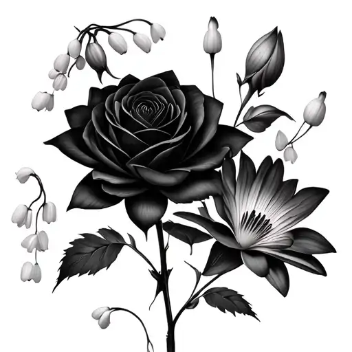 1 Waterlilly flower, 1 rose, 2 lily of the valley flowers, 1 aster flower, 1 marigold flower: dark background realism tattoo design idea