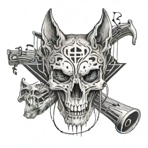 wolf skull and human skull surrounded by musical notes tattoo design idea