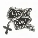  "life goes on" in cursive with a cross to the bottom, made out of the dates march 6th 1978 and november 19th 1945 tattoo design idea