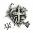  "life goes on" in cursive with a cross to the bottom, made out of the dates march 6th 1978 and november 19th 1945 tattoo design idea