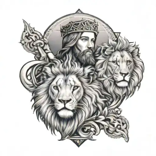 Jesus, Virgin Mary, lion of Judah and a Cruz in the background  tattoo design idea