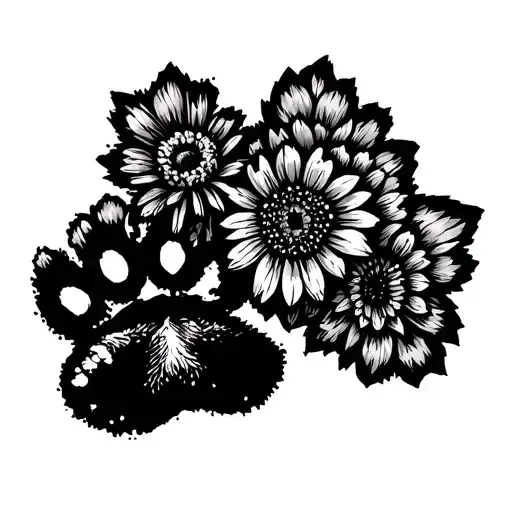 New Mexico sandia mountains, Zia symbol, birth month flower bouquet of July January march and a dog paw print  tattoo design idea