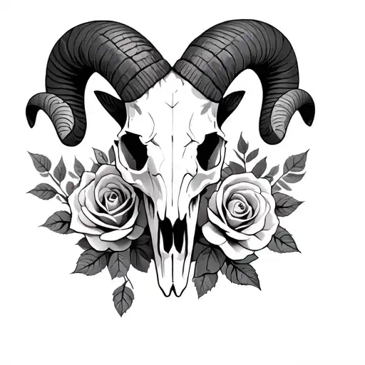 ram skull surrounded by roses tattoo design idea