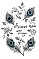 butter fly with two small peacock feathers and with words saying forever and always with Lilly's and roses tattoo design idea