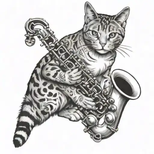 cat saxophone half tattoo design idea