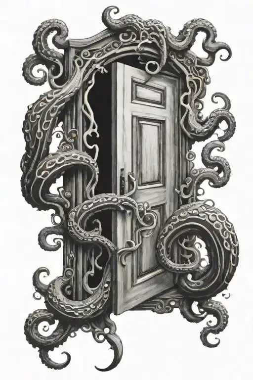 half open door with tentacles coming out tattoo design idea