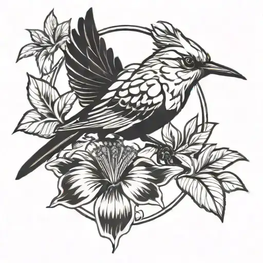mocking bird flying with hibiscus flower tattoo design idea