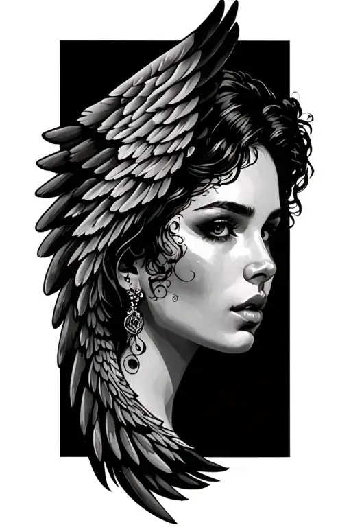full wing with female face tattoo design idea
