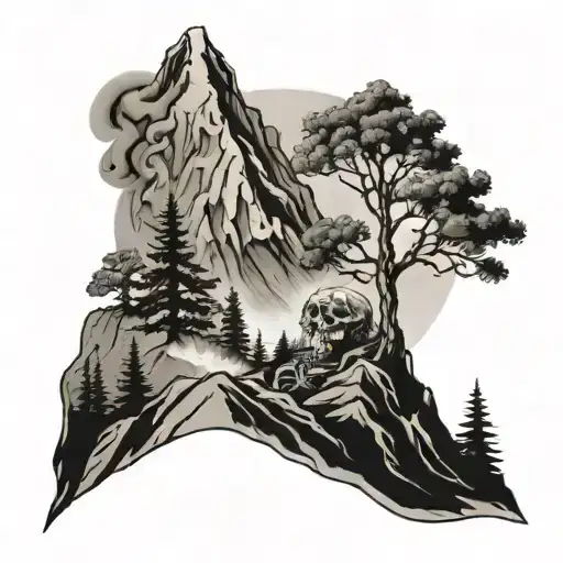 mountian peak with burning bush on top and a skeleton climbing the mountain tattoo design idea