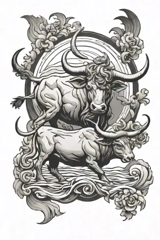 Taurus bull in heaven over Jesus walking on water tattoo design idea