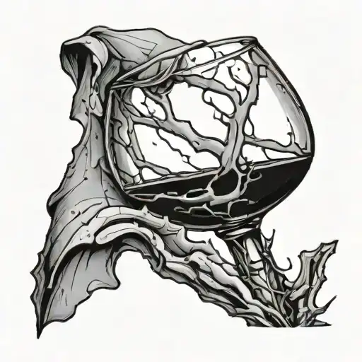 a  black tattoo of a broken wine glass put back together but the wine is still spilling out trough the cracks tattoo design idea