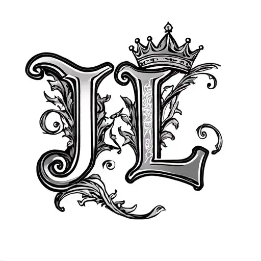 J L and the L about 10" lower to the Right with filagree traveling behind both letters L having a crown tattoo design idea