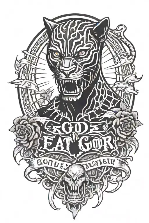 black panther, gore, antichrist superstar, with goth text "GOD EAT GOD", evil, showing teeth, minute of decay  tattoo design idea