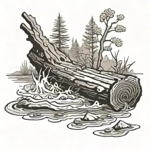 black and white tattoo of a log floating in a river. a person is watching from the shore tattoo design idea