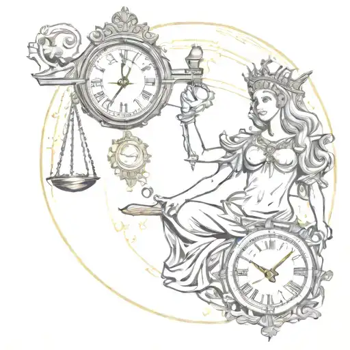 lady justice holding a dagger and scales, behind her is a clock with sun motifs.  tattoo design idea