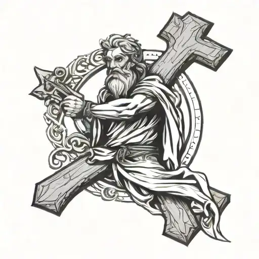 A tattoo design of Saint Andrew holding a cross, symbolizing strength and dedication tattoo design idea