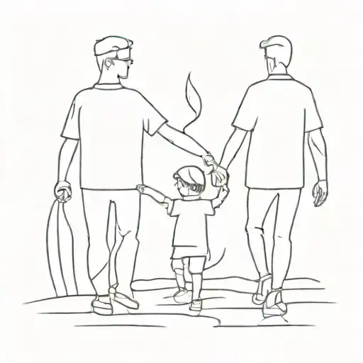 A simple outline of a father and young son holding hands or walking side by side holding a trophy  tattoo design idea
