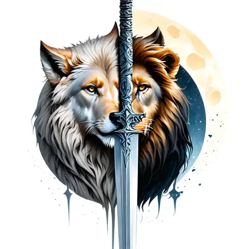 half lion and half wolf with a sword in between and moon phase tattoo design idea