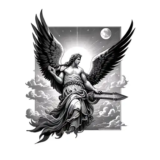 saint micheal slaying SATEN with clouds and sun and moon tattoo design idea