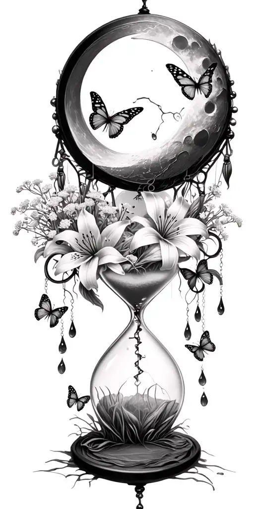 An hourglass moon dream catcher filled with lilies and butterflies Queen Anne's lace  nature tears broken depressed tattoo design idea