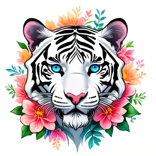 colorful white tiger with blue eyes and flowers blooming tattoo design idea