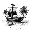 A Beach Scene on Mexico shores with Spanish conquistador boat tattoo design idea