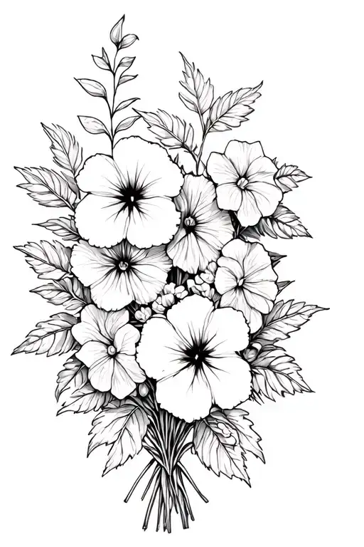 cosmo flower, hydrangea flowers and morning glory flowers in a bouquet  tattoo design idea