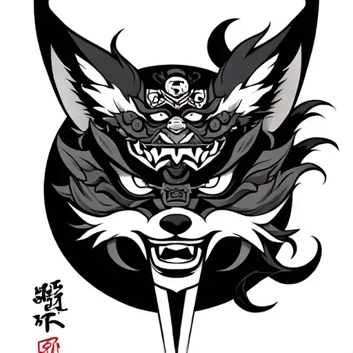 New tails fox, Chinese temple, Japanese sword, moon, Korean demon mask tattoo design idea