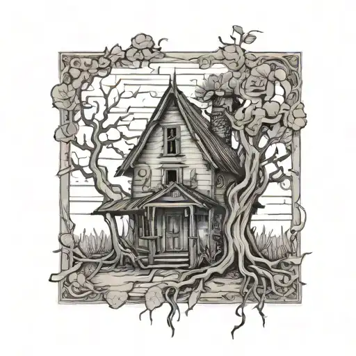 Abandoned old house, roses, tree roots tattoo design idea