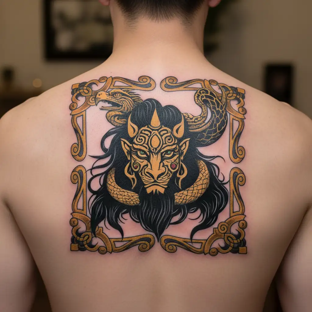 Creating a tattoo design that incorporates a variety of elements such as a snake, horse, Lord Shiva, Lord Murugan, eagle tattoo design idea