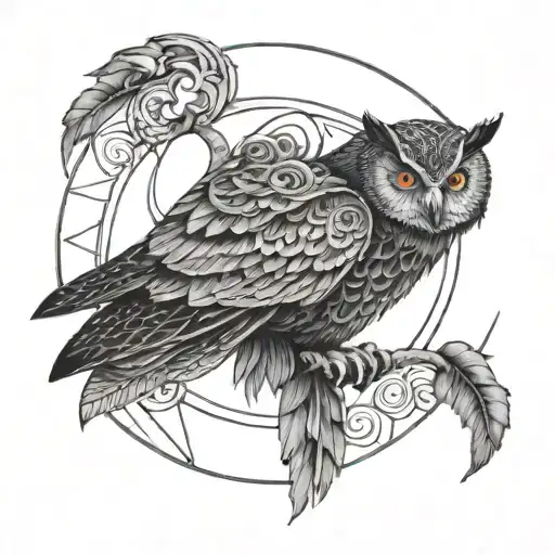 An owl perched on an intricate geometric framework, with glowing eyes and feathers blending into a crescent moon  tattoo design idea