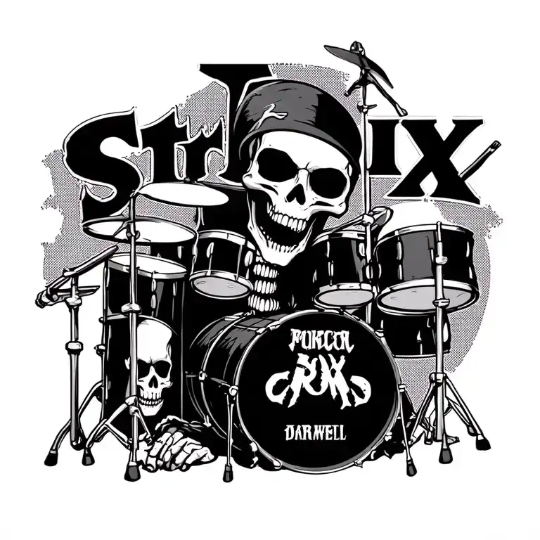 "Stix" wicked skeleton sticking his tobgue out playing heavy metal drumset with skulls on it tattoo design idea