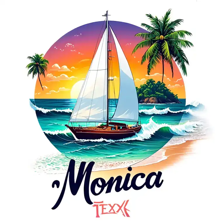 "Monica" "Monica" "Monica" "Monica" white sailboat, sunset sky, distant island with palms, ocean waves, beach, bubble letters at bottom tattoo design idea