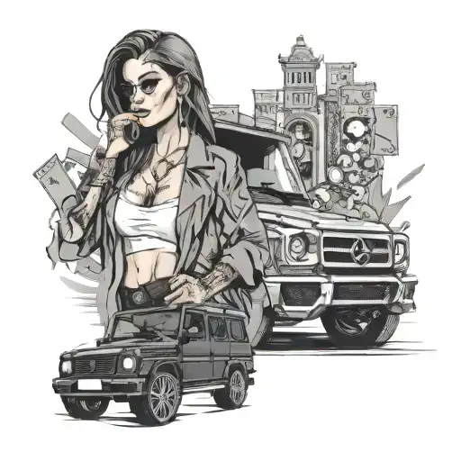 a woman with a lot of money living a gangster life with g-class cars by her side. below it is a casino roulette  tattoo design idea