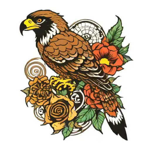 hawk, cherokee flute,  & kokopelli with flowers tattoo design idea