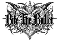 "Bite The Bullet" "Bite The Bullet" blackwork dark lettering, abstract sigil forms with gothic calligraphy, ornamental , l contrast tattoo design idea