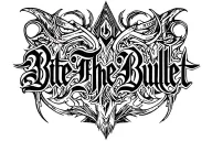 "Bite The Bullet" "Bite The Bullet" blackwork dark lettering, abstract sigil forms with gothic calligraphy, ornamental , l contrast tattoo design idea