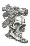 Skull with a gun in its mouth bullet coming out the top of the skull tattoo design idea