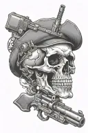 Skull with a gun in its mouth bullet coming out the top of the skull tattoo design idea