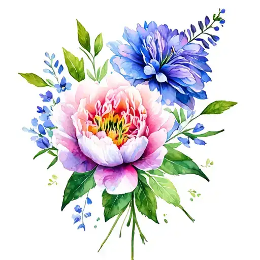 flowers larkspur, peony, Lily, and chrysanthemum  tattoo design idea